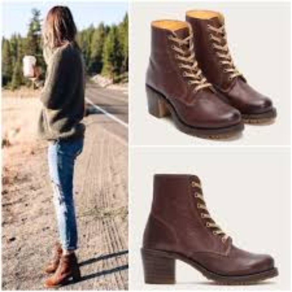 RARE Frye Sabrina 6G Cognac Laced Combat AnkleBoot